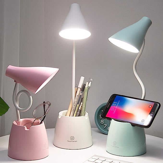 Schreibtischlampe LED, Schreibtischlampen mit 3 Beleuchtungsmodi und stufenloser Dimmfunktion, Schreibtischleuchte mit 360° flexiblem Schwanenhals, Stifthalter & Handyhalterung, ideal zum Lesen, für Kinder und Studentenwohnheime (Rosa).