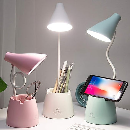 Schreibtischlampe LED, Schreibtischlampen mit 3 Beleuchtungsmodi und stufenloser Dimmfunktion, Schreibtischleuchte mit 360° flexiblem Schwanenhals, Stifthalter & Handyhalterung, ideal zum Lesen, für Kinder und Studentenwohnheime (Rosa).