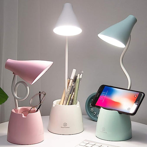 Schreibtischlampe LED, Schreibtischlampen mit 3 Beleuchtungsmodi und stufenloser Dimmfunktion, Schreibtischleuchte mit 360° flexiblem Schwanenhals, Stifthalter & Handyhalterung, ideal zum Lesen, für Kinder und Studentenwohnheime (Rosa).