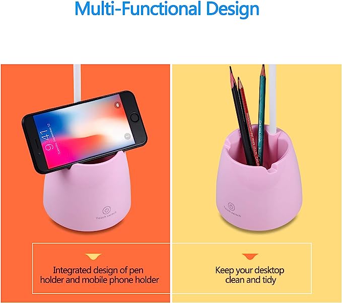 Schreibtischlampe LED, Schreibtischlampen mit 3 Beleuchtungsmodi und stufenloser Dimmfunktion, Schreibtischleuchte mit 360° flexiblem Schwanenhals, Stifthalter & Handyhalterung, ideal zum Lesen, für Kinder und Studentenwohnheime (Rosa).